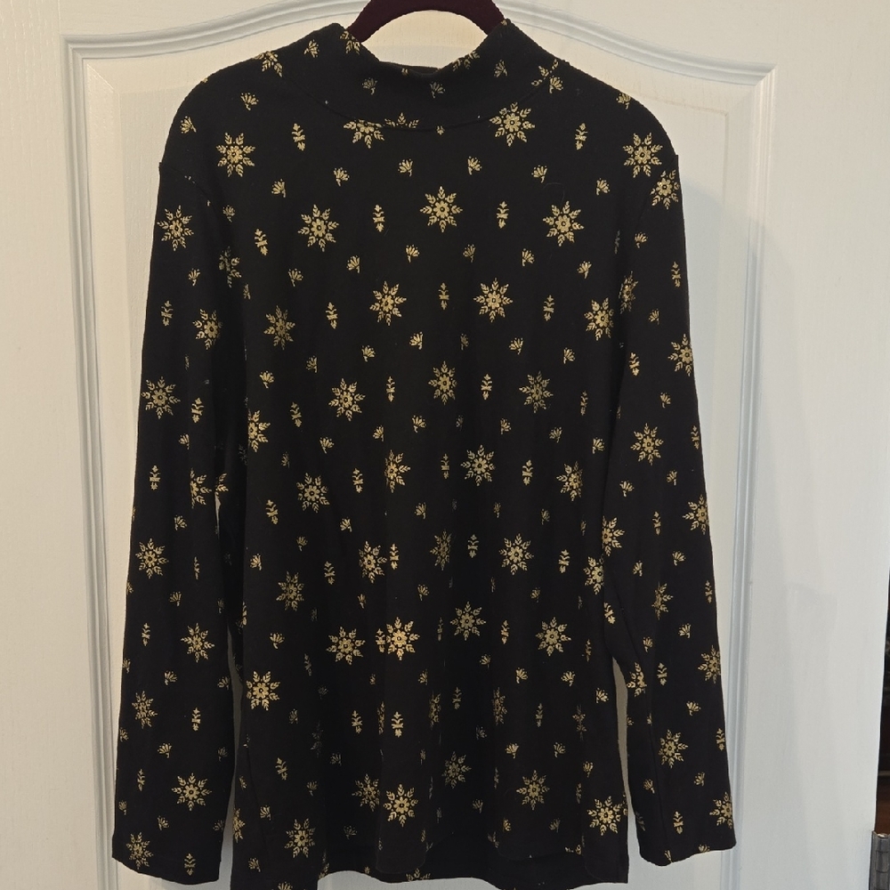 Karen Scott Black With Glittery Gold Snowflakes Mock Turtleneck Top Size XXL